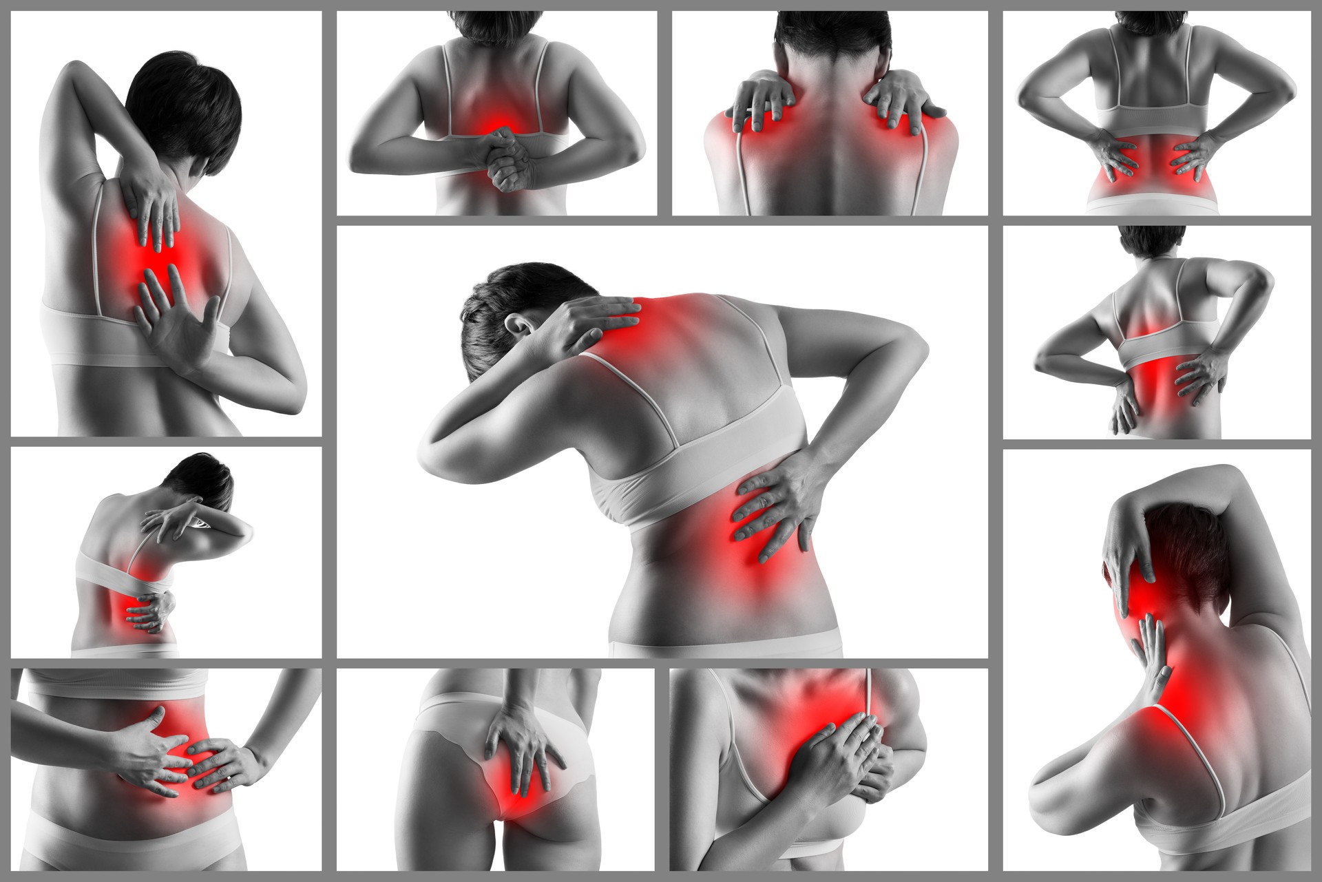 All kinds of female body pain, woman with joint pain isolated on white background, collage of several photos